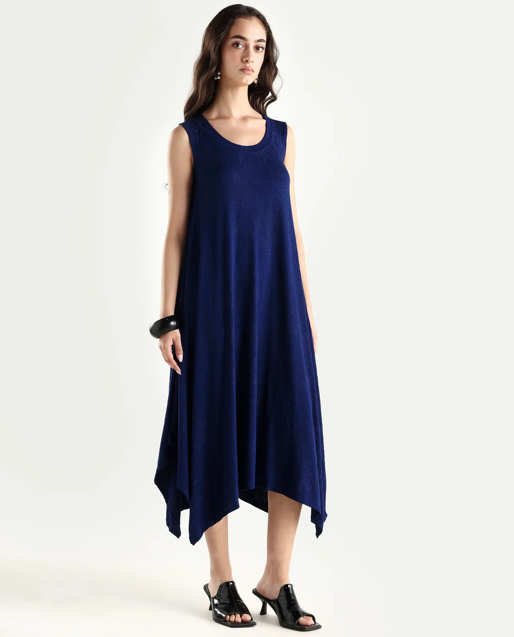 Rareism Women's Kisame Dark Blue Knit Jacquard Crew Neck Plain Sleeveless Midi Flared Dress