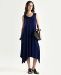 Rareism Women's Kisame Dark Blue Knit Jacquard Crew Neck Plain Sleeveless Midi Flared Dress