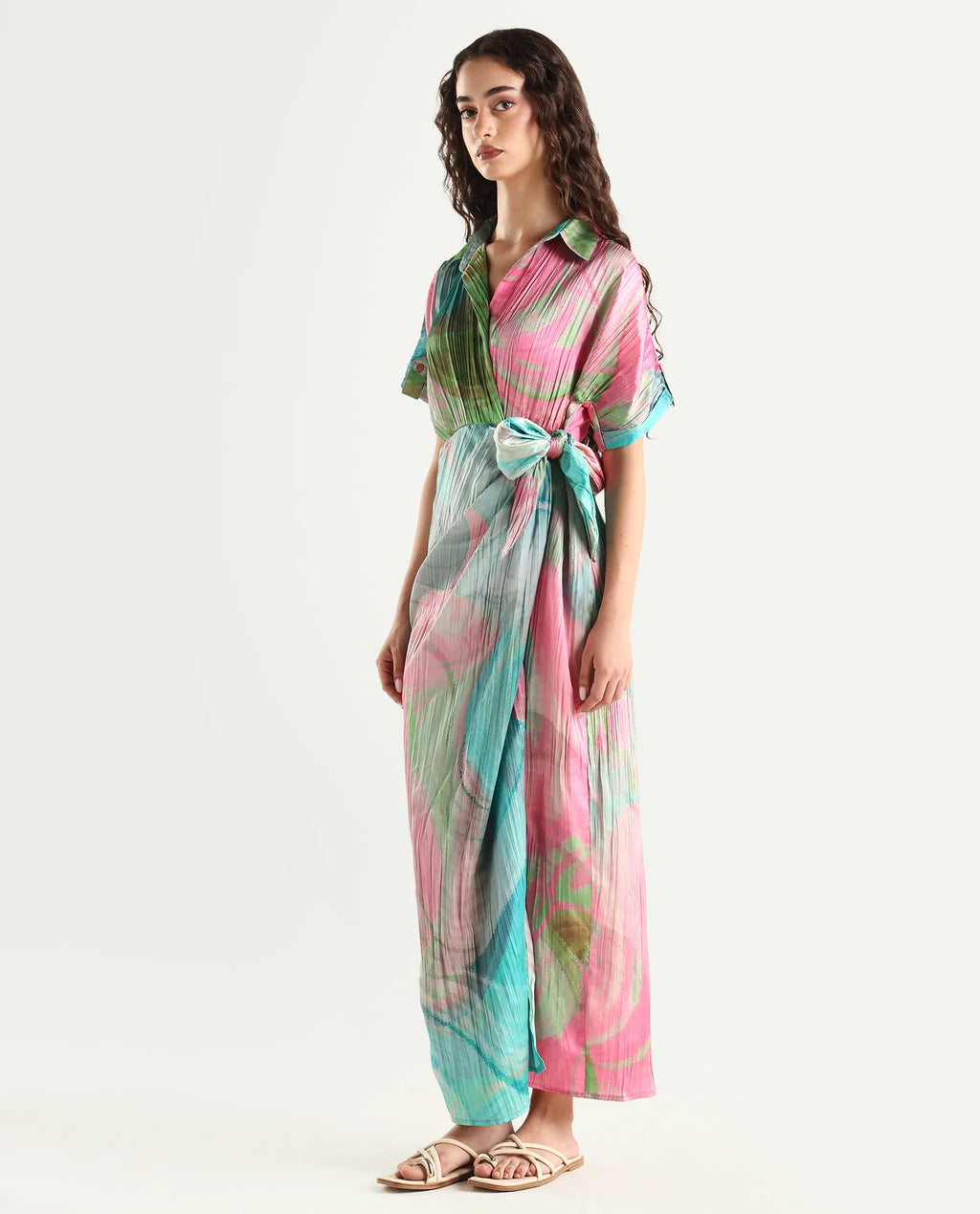 Rareism Women's Chiapas Dusky Multi Polyester Drop Collar Abstract Print Extended Sleeves Maxi Straight Fit Dress
