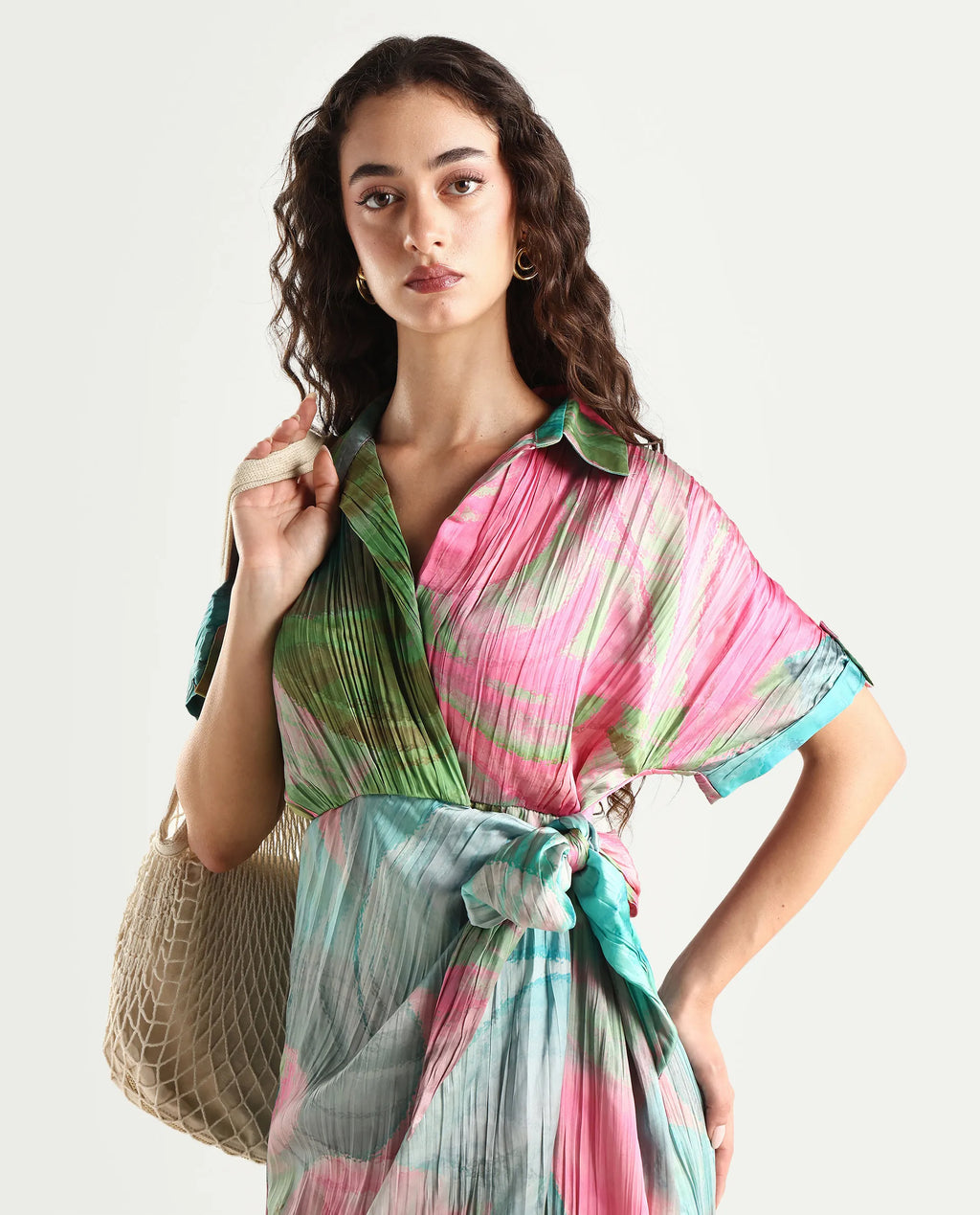 Rareism Women's Chiapas Dusky Multi Polyester Drop Collar Abstract Print Extended Sleeves Maxi Straight Fit Dress