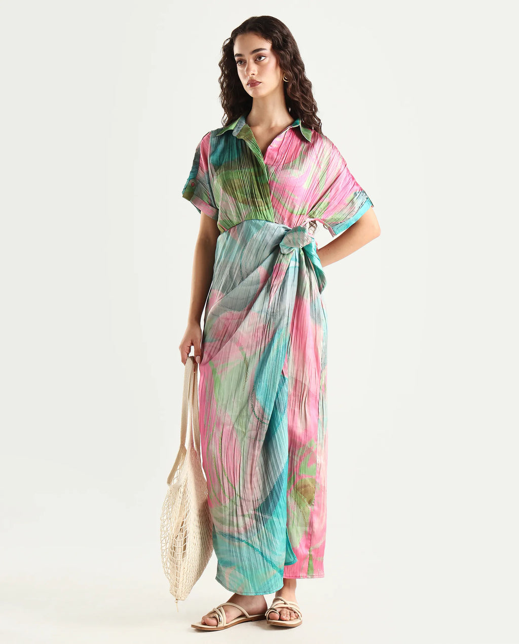 Rareism Women's Chiapas Dusky Multi Polyester Drop Collar Abstract Print Extended Sleeves Maxi Straight Fit Dress