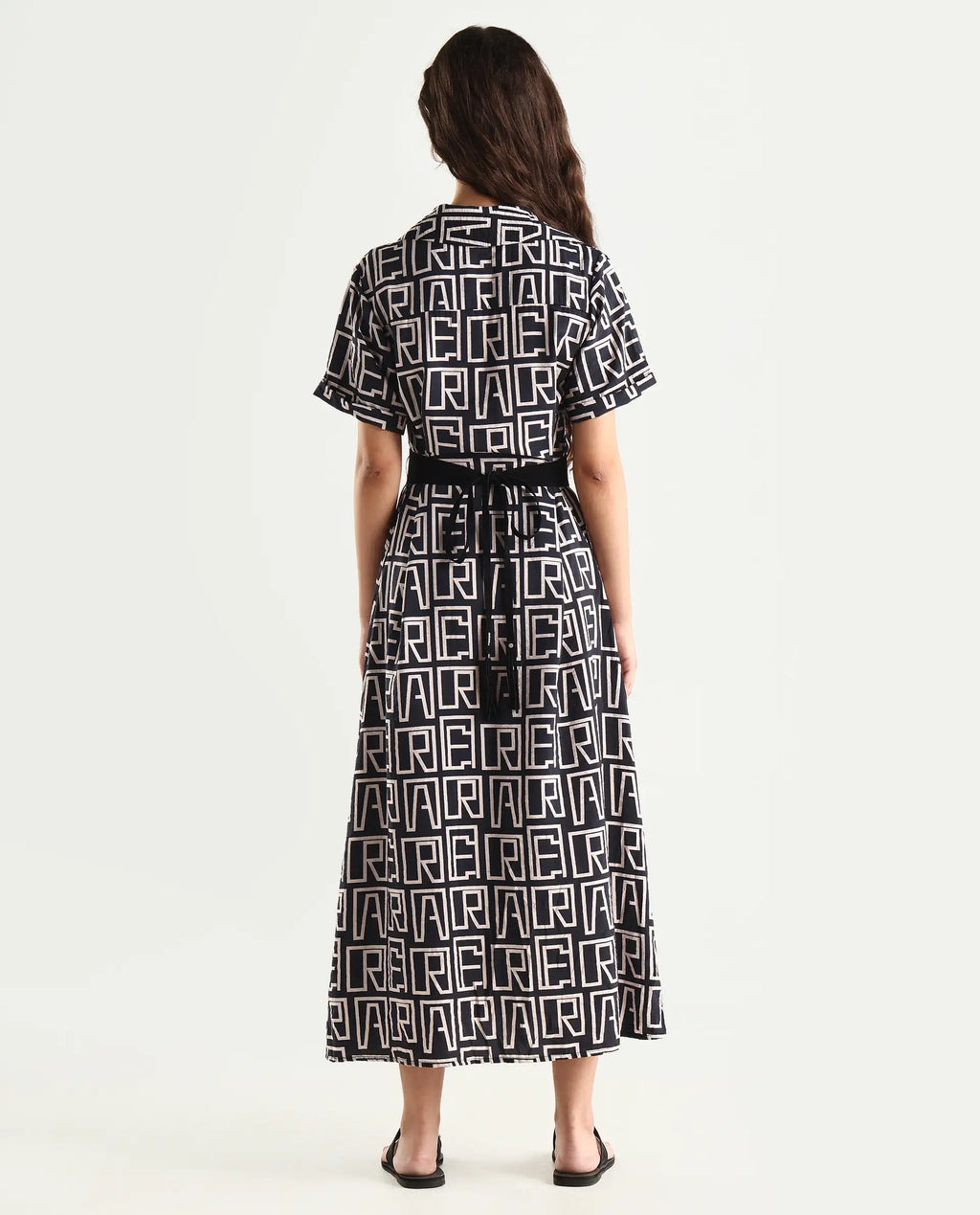 Rareism Women's Onia Black Nylon Blend Drop Collar Monogram Print Maxi Regular Fit Dress