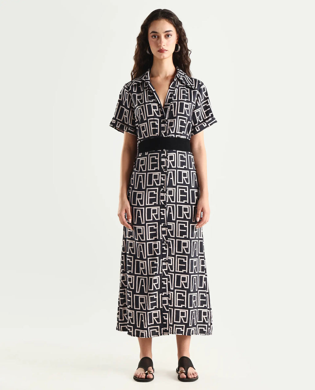 Rareism Women's Onia Black Nylon Blend Drop Collar Monogram Print Maxi Regular Fit Dress
