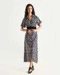 Rareism Women's Onia Black Nylon Blend Drop Collar Monogram Print Maxi Regular Fit Dress