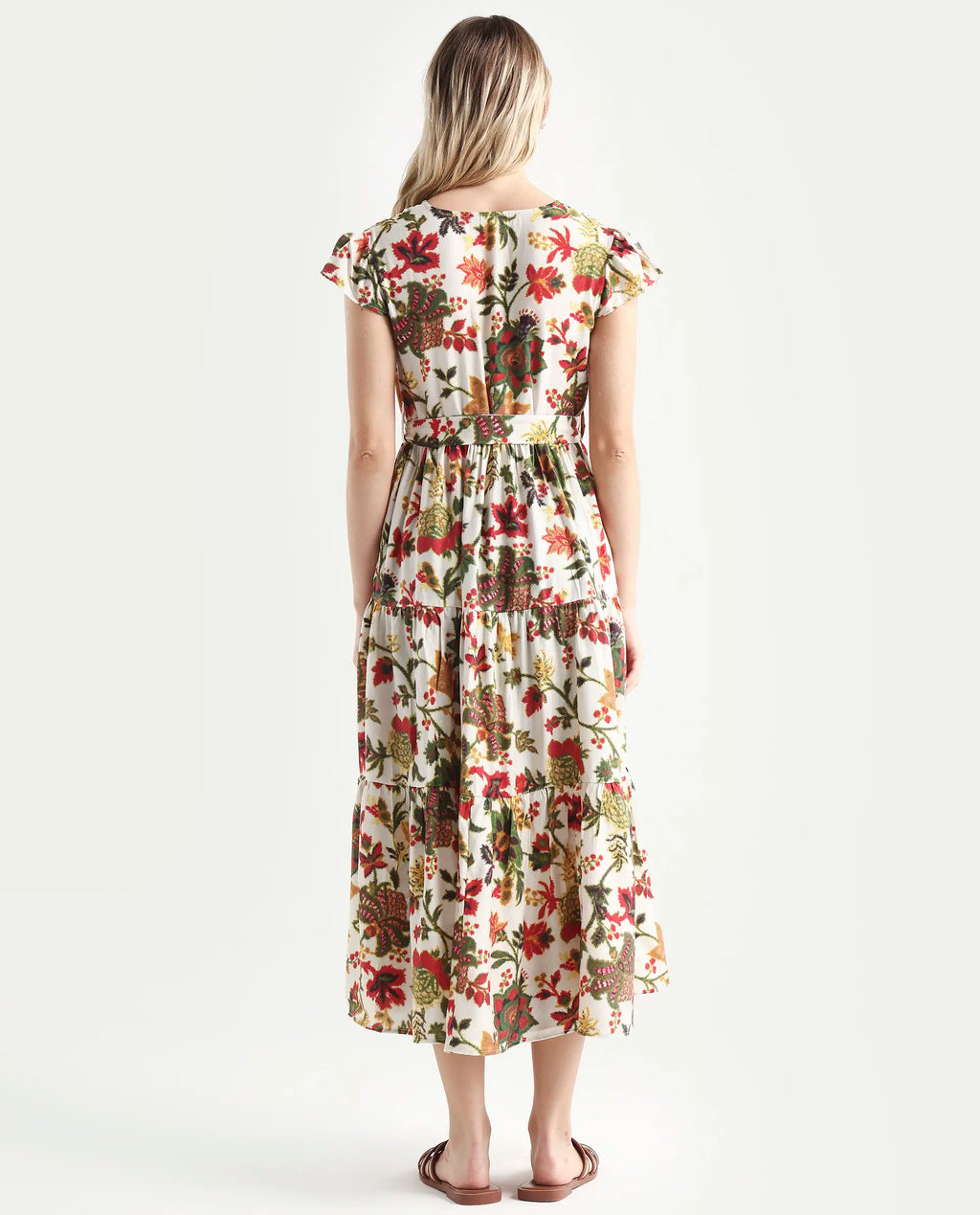 Rareism Women's Tosa Multi Viscose Blend V-Neck Floral Print Cap Sleeve Midi Fit And Flare Dress