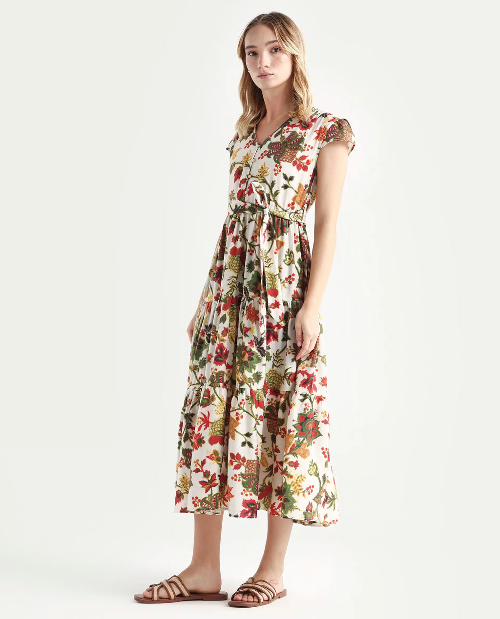 Rareism Women's Tosa Multi Viscose Blend V-Neck Floral Print Cap Sleeve Midi Fit And Flare Dress