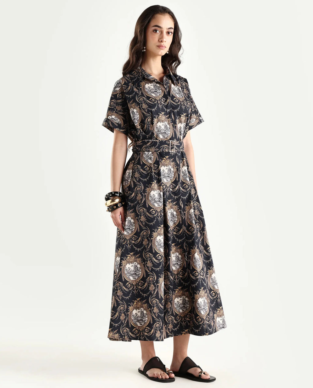 Rareism Women's Ivnat Black Cotton Drop Collar Ornamental Print Maxi Fit And Flare Dress