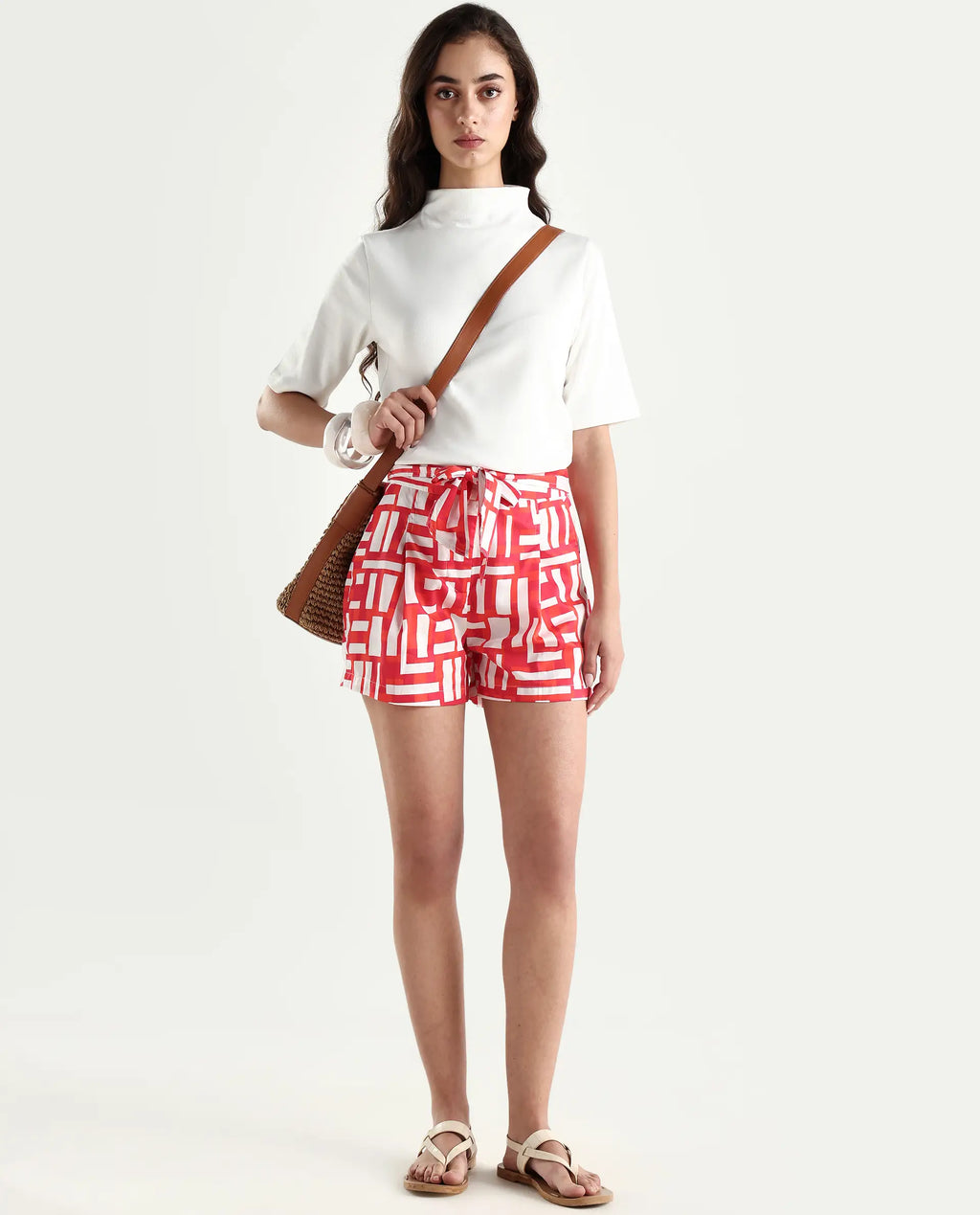 Rareism Women's Taranto Red Cotton Blend Geometric Print Mini Regular Fit Shorts