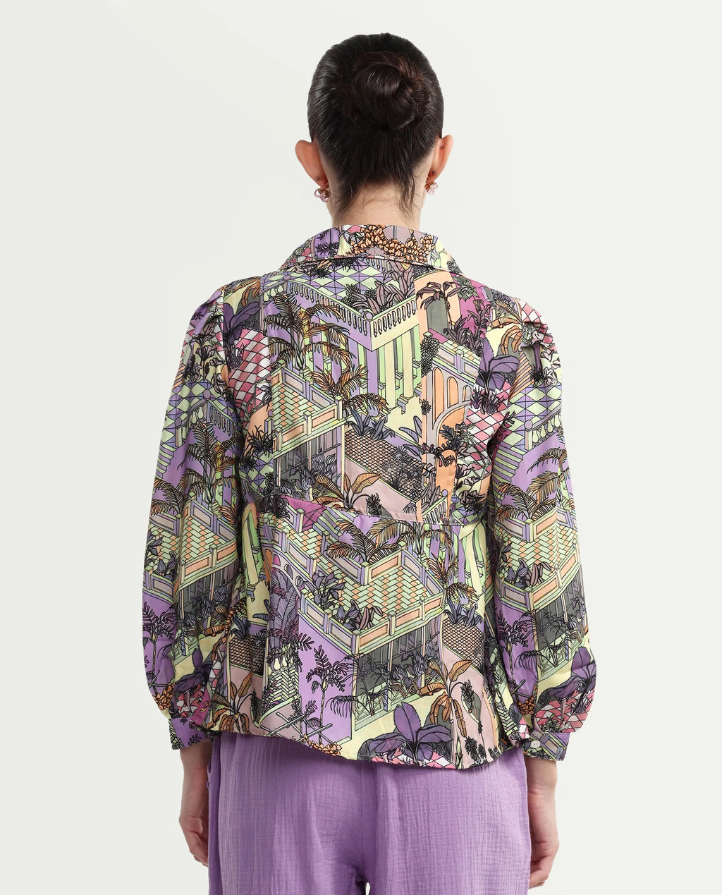 Rareism Women's Stevie-T Light Multi Polyester Lapel Neck Abstract Print Cuffed Sleeve Regular Fit Top