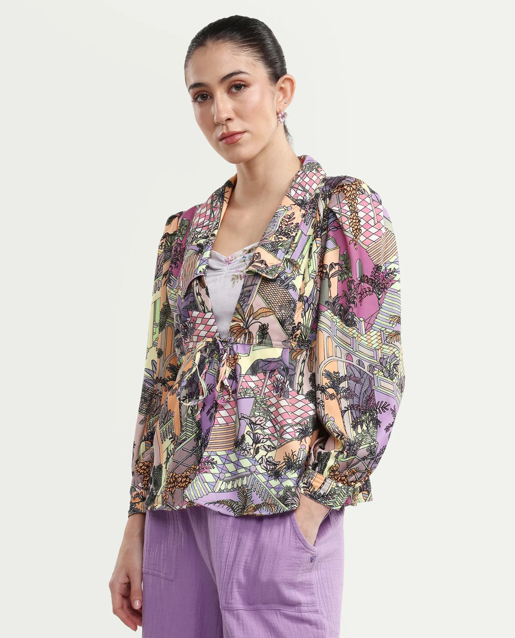 Rareism Women's Stevie-T Light Multi Polyester Lapel Neck Abstract Print Cuffed Sleeve Regular Fit Top