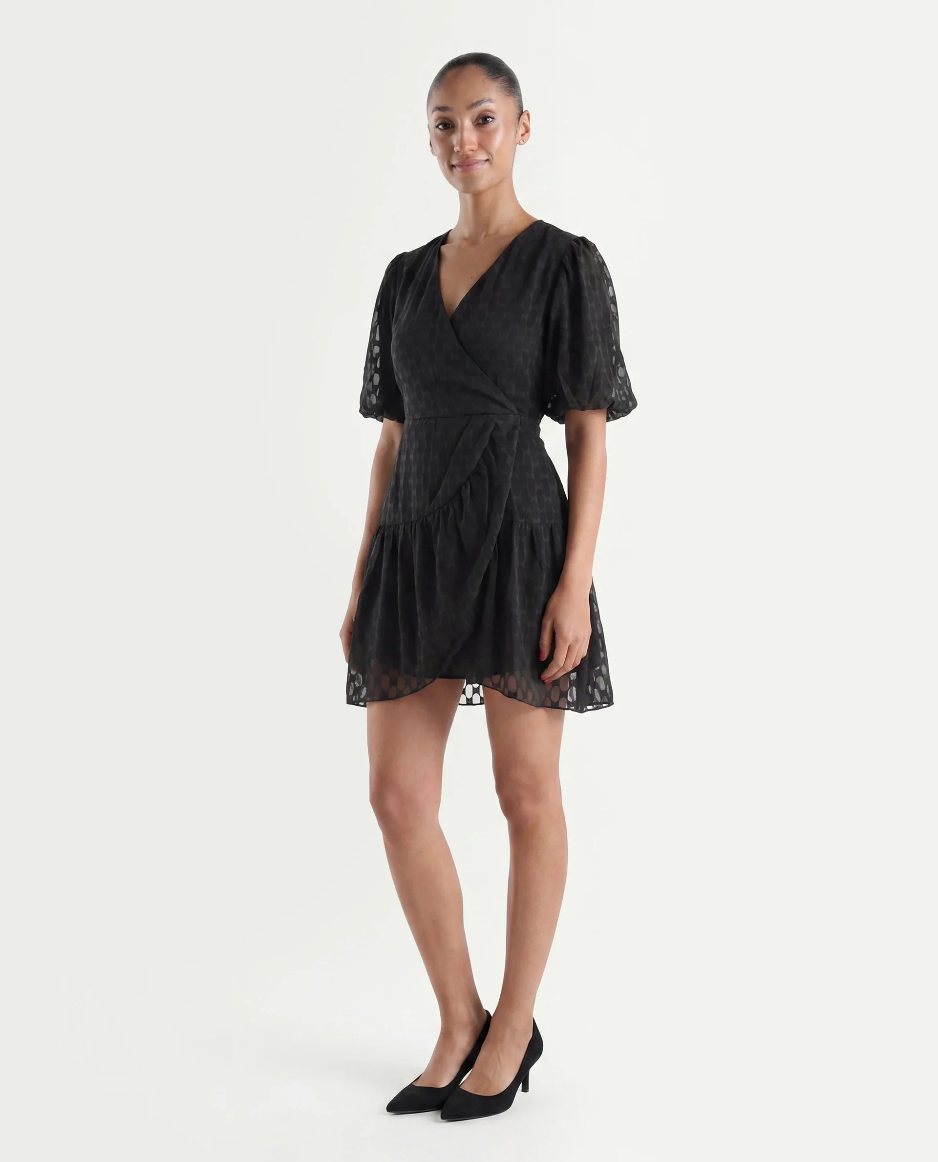 Rareism Women's Namika Black Polyester Blend V-Neck Plain Balloon Sleeve Mini Fit And Flare Dress