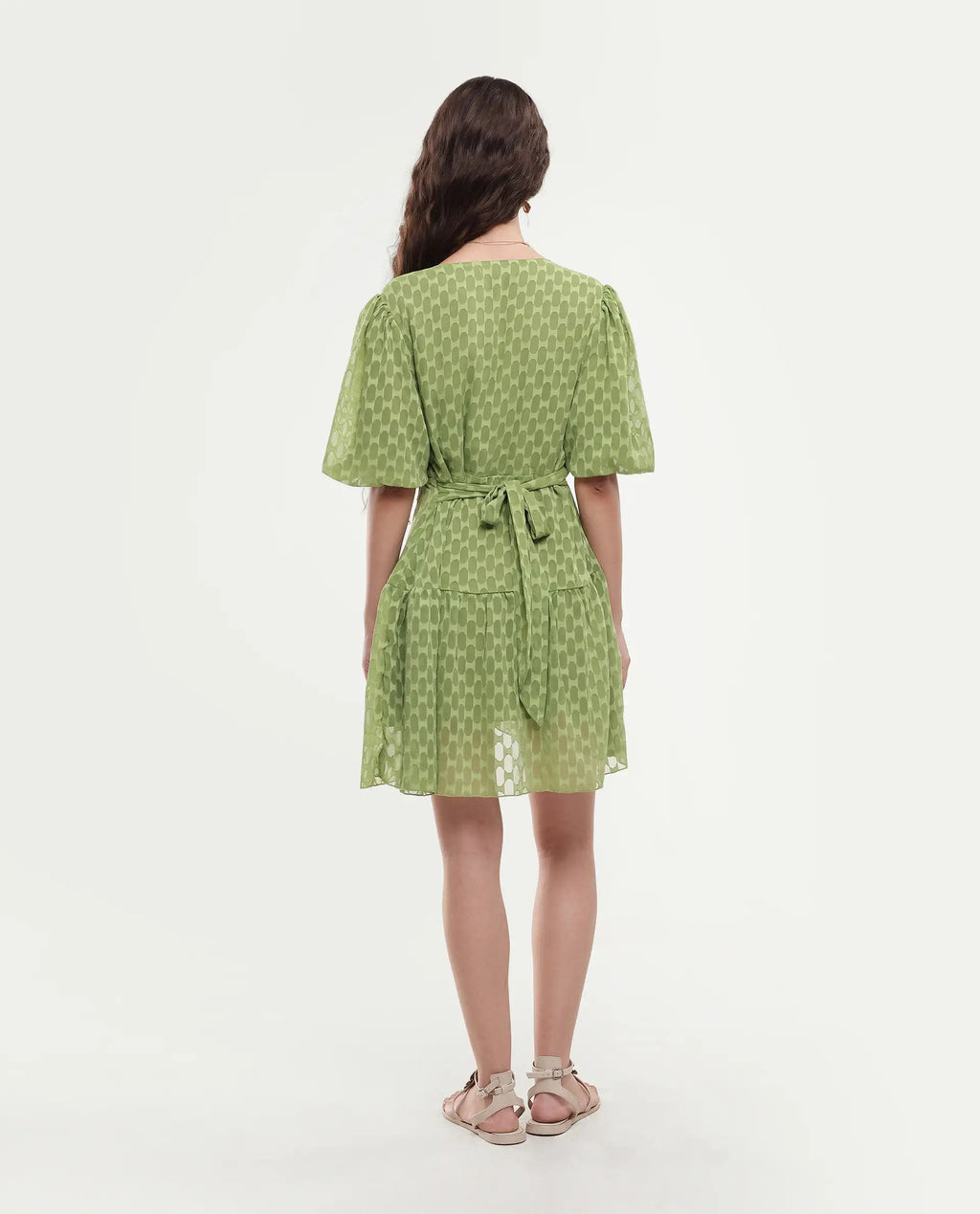 Rareism Women's Namika Light Green Polyester Blend V-Neck Plain Balloon Sleeve Mini Fit And Flare Dress