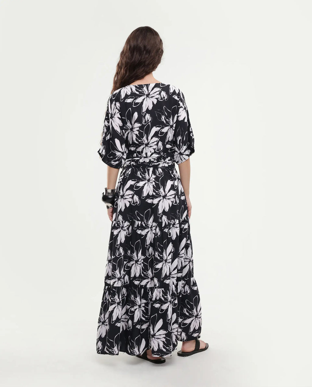 Rareism Women's Tuzio Black Viscose V-Neck Floral Print Extended Sleeves Maxi Fit And Flare Dress