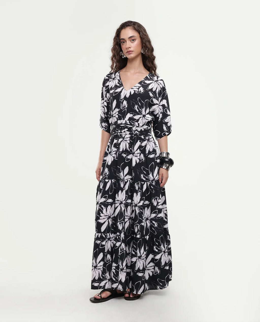 Rareism Women's Tuzio Black Viscose V-Neck Floral Print Extended Sleeves Maxi Fit And Flare Dress