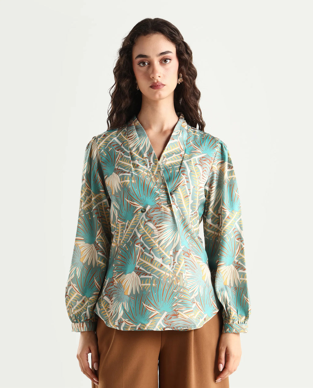 Rareism Women's Alici Blue Nylon Blend Overlap Neck Abstract Print Bishop Sleeve Regular Fit Top