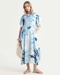 Rareism Women's Pesto Light Blue Viscose Blend V-Neck Abstract Print Midi Balloon Dress