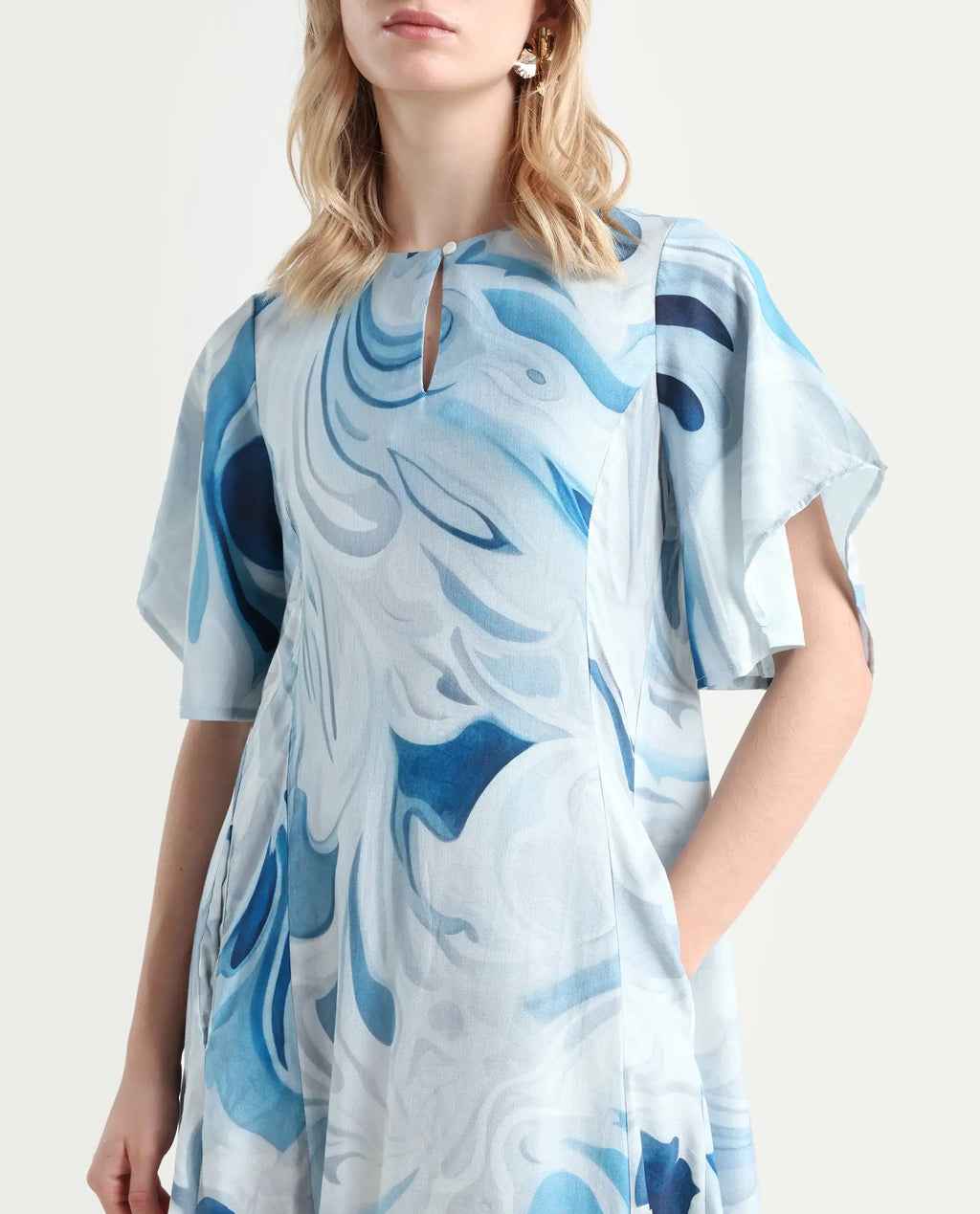 Rareism Women's Pesto Light Blue Viscose Blend V-Neck Abstract Print Midi Balloon Dress