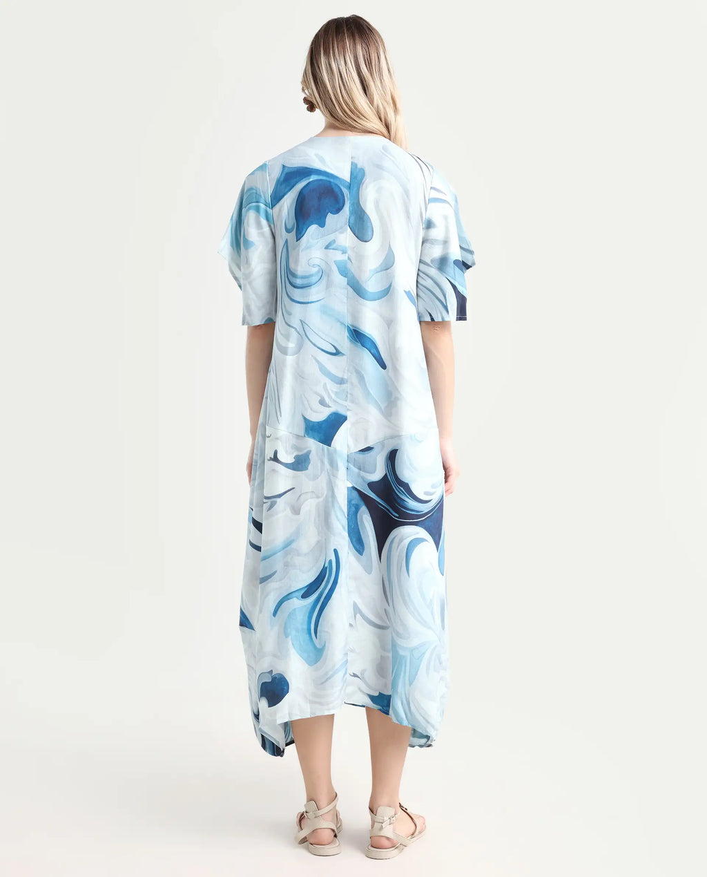 Rareism Women's Pesto Light Blue Viscose Blend V-Neck Abstract Print Midi Balloon Dress