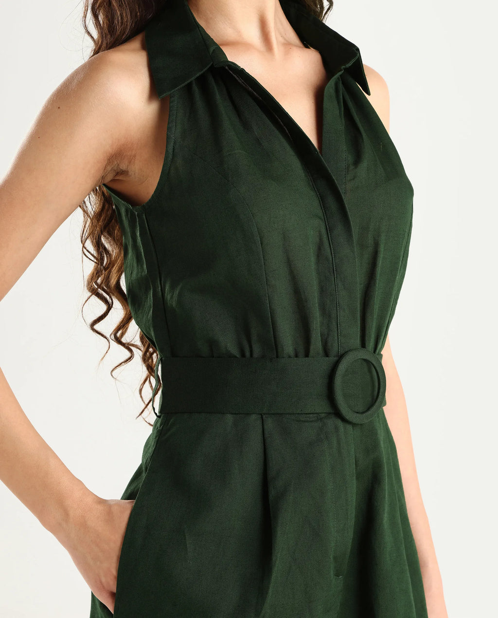 Rareism Women's Messina Light Green Cotton Blend Halter Neck Plain Sleeveless Mini Regular Fit Dress