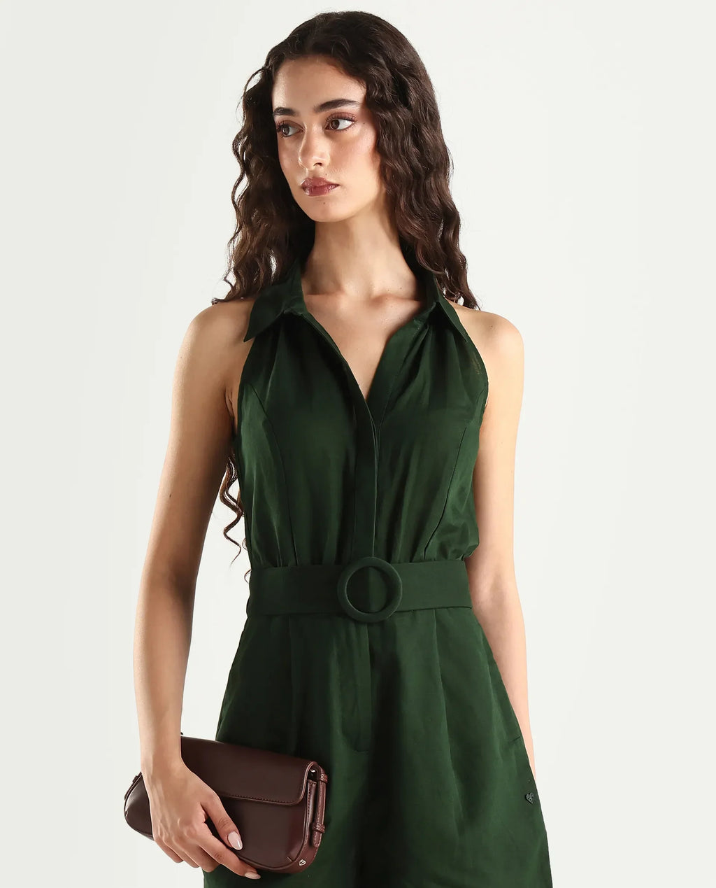 Rareism Women's Messina Light Green Cotton Blend Halter Neck Plain Sleeveless Mini Regular Fit Dress
