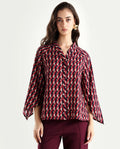 Rareism Women's Palin Dark Multi Nylon Blend V-Neck Geometric Print Raglan Sleeve Regular Fit Top