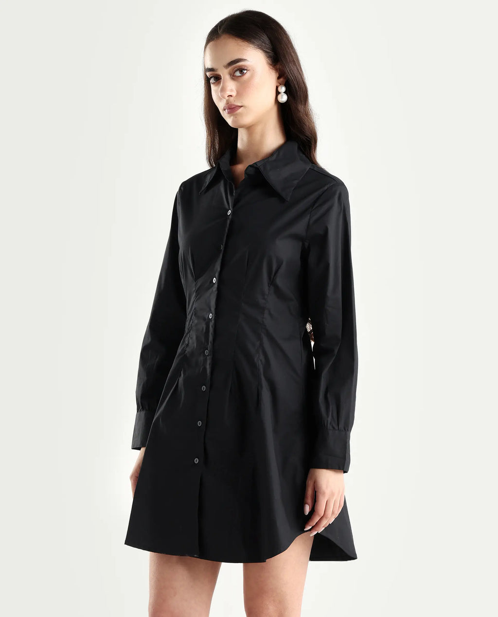 Rareism Women's Sakal Black Cotton Blend Drop Collar Plain Roll-Up Sleeve Mini Regular Fit Dress