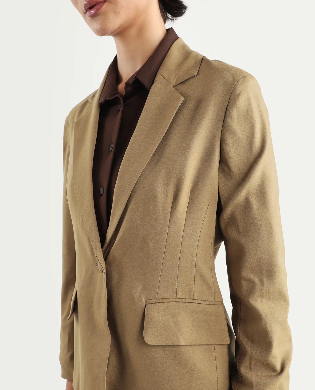 Rareism Women's Sarvi Dark Khaki Polyester Lapel Neck Plain Regular Fit Blazer