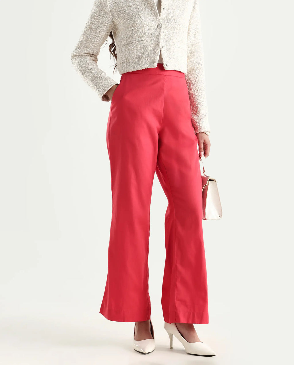 Rareism Women's Varese Light Orange Cotton Blend Plain Ankle Length Wide Leg Trouser