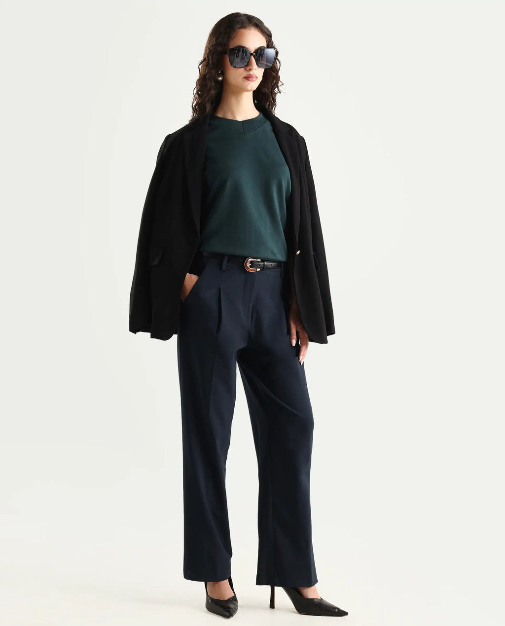 Rareism Women's Tatsa Navy Polyester Blend Plain Ankle Length Straight Fit Trouser