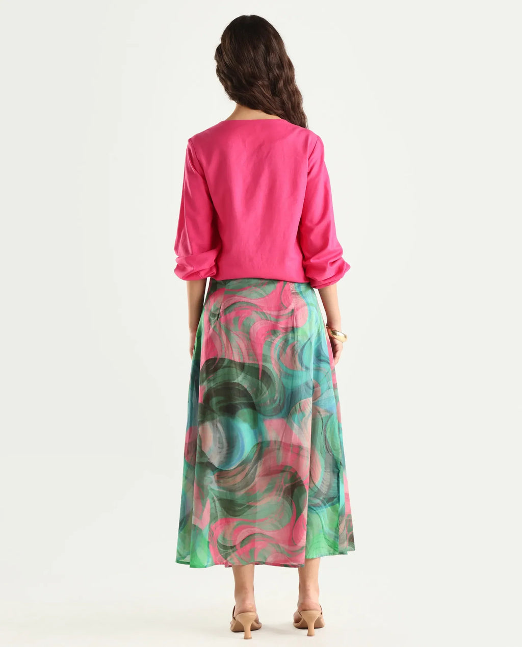 Rareism Women's Treviso Dusky Polyester Abstract Print Midi Flared Skirt