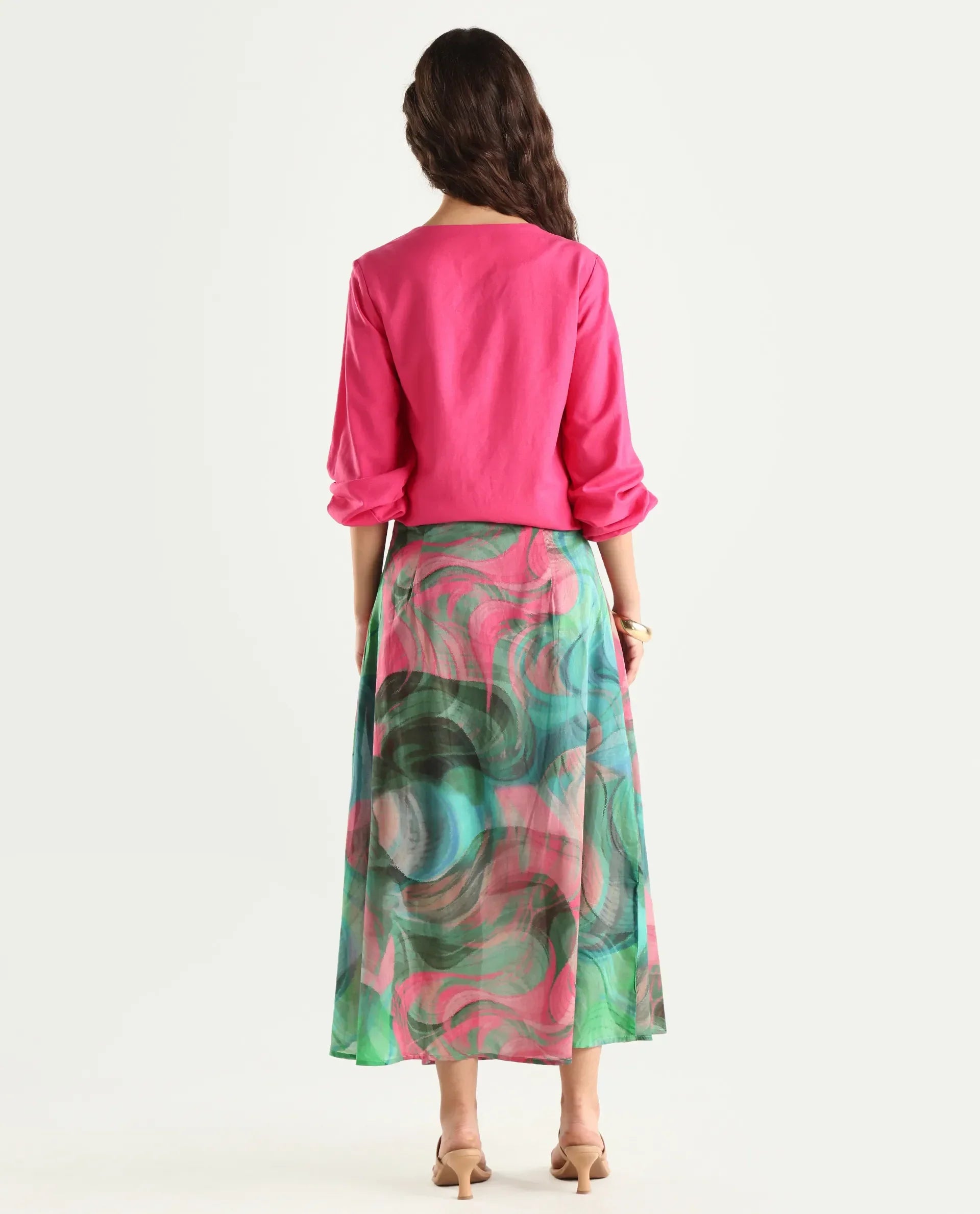 Rareism Women's Treviso Dusky Polyester Abstract Print Midi Flared Skirt