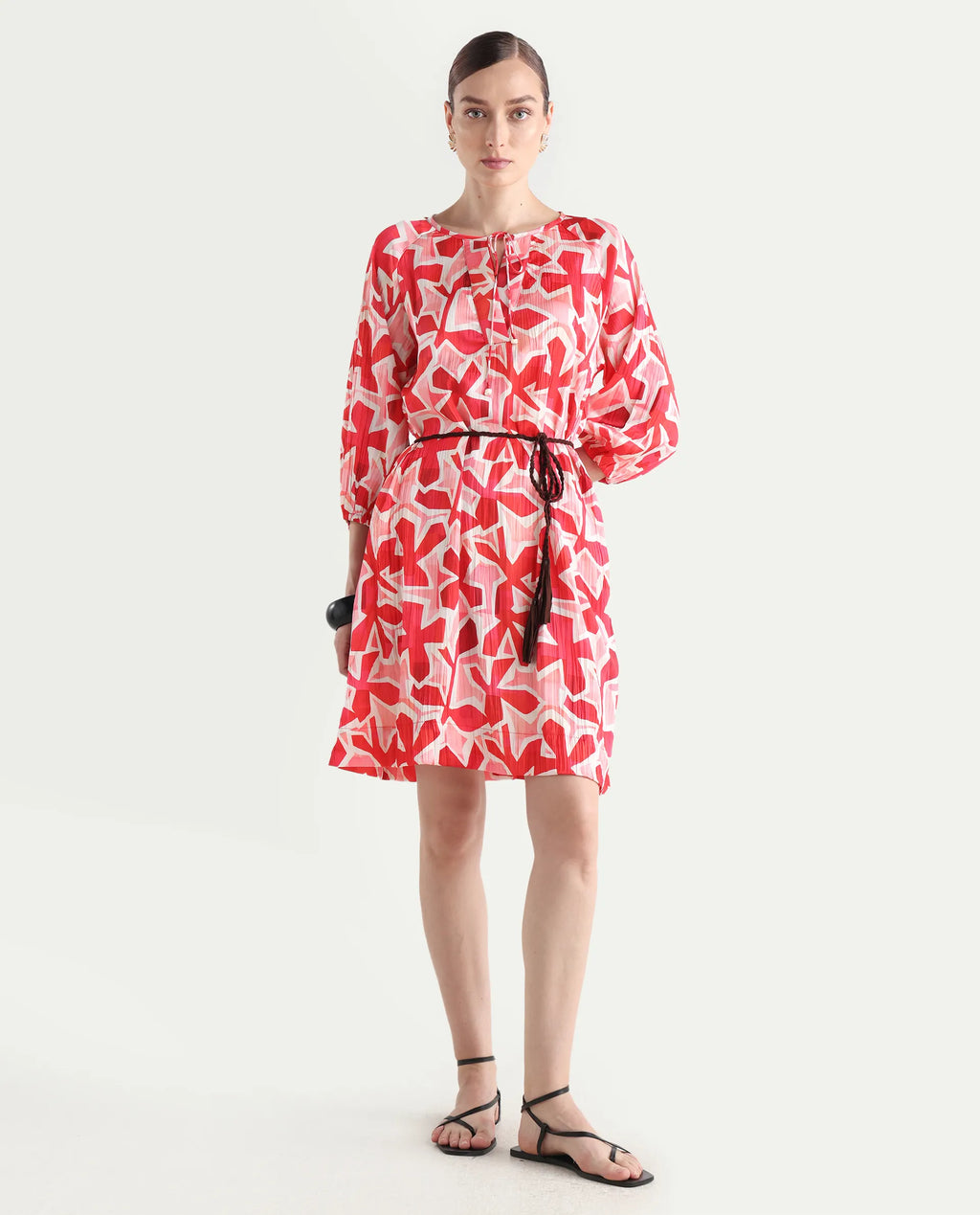 Rareism Women's Zoji Multi Polyester Tie-Up Neck Abstract Print Raglan Sleeve Mini Relaxed Fit Dress
