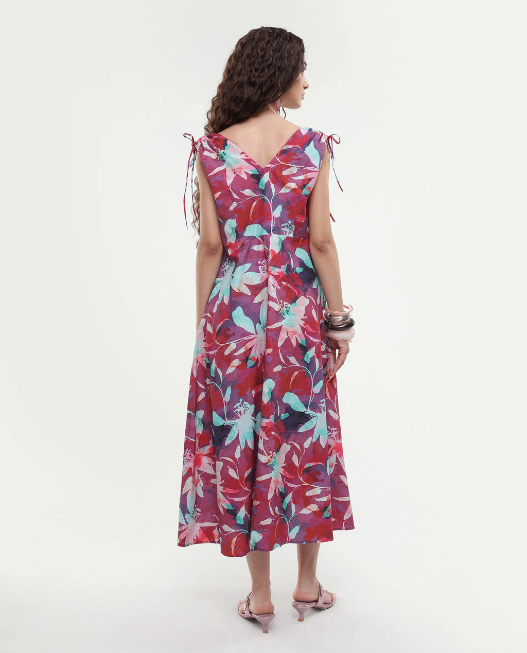 Rareism Women's Terumi Dark Multi Cotton Blend V-Neck Floral Print Sleeveless Midi Regular Fit Dress