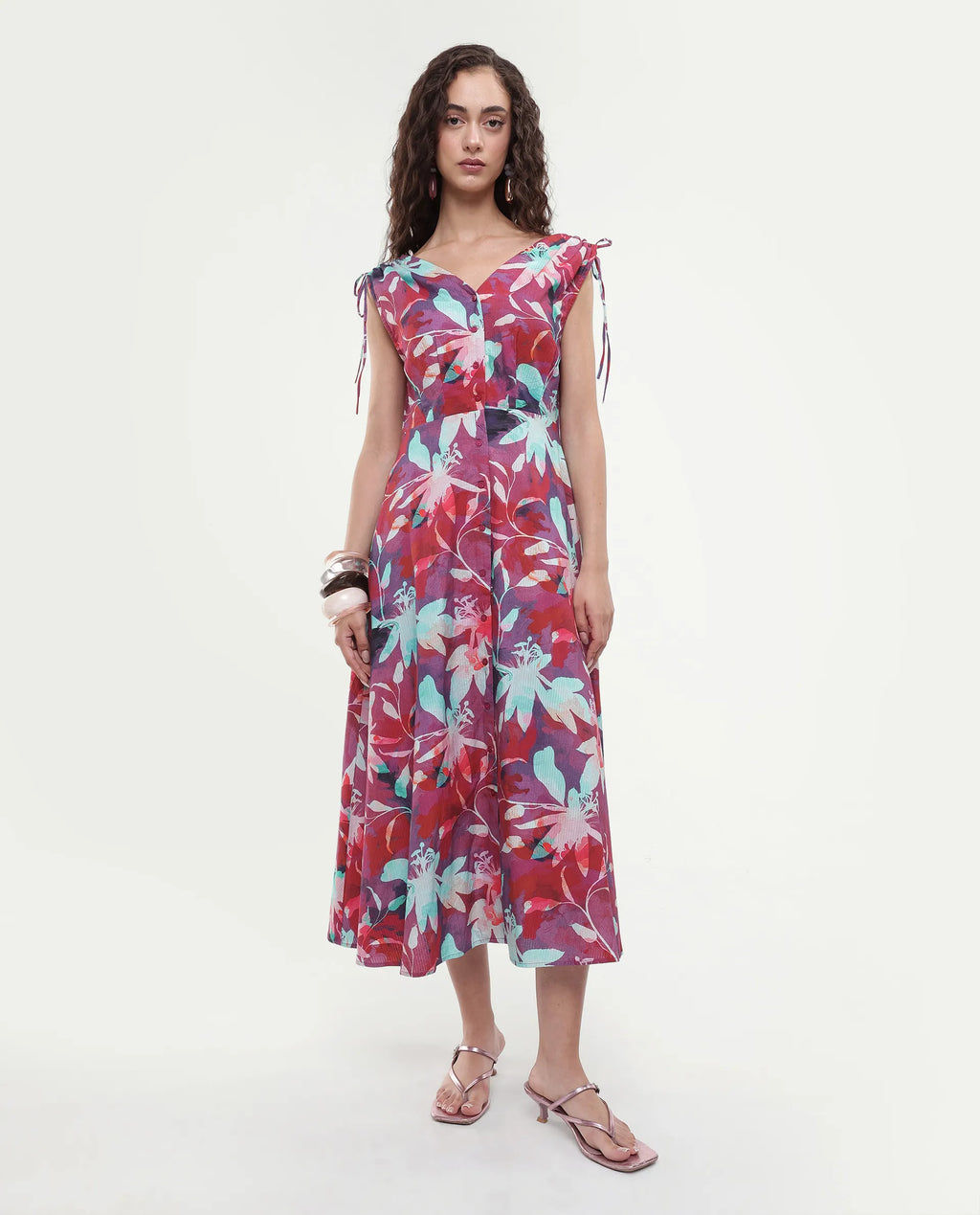 Rareism Women's Terumi Dark Multi Cotton Blend V-Neck Floral Print Sleeveless Midi Regular Fit Dress