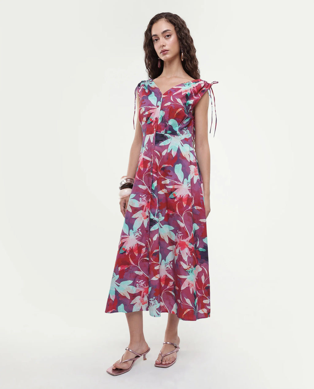 Rareism Women's Terumi Dark Multi Cotton Blend V-Neck Floral Print Sleeveless Midi Regular Fit Dress