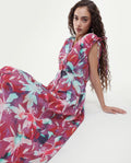 Rareism Women's Terumi Dark Multi Cotton Blend V-Neck Floral Print Sleeveless Midi Regular Fit Dress