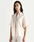 Rareism Women's Tabsco Light Off White Cotton Blend Lapel Neck Plain Regular Fit Shirt