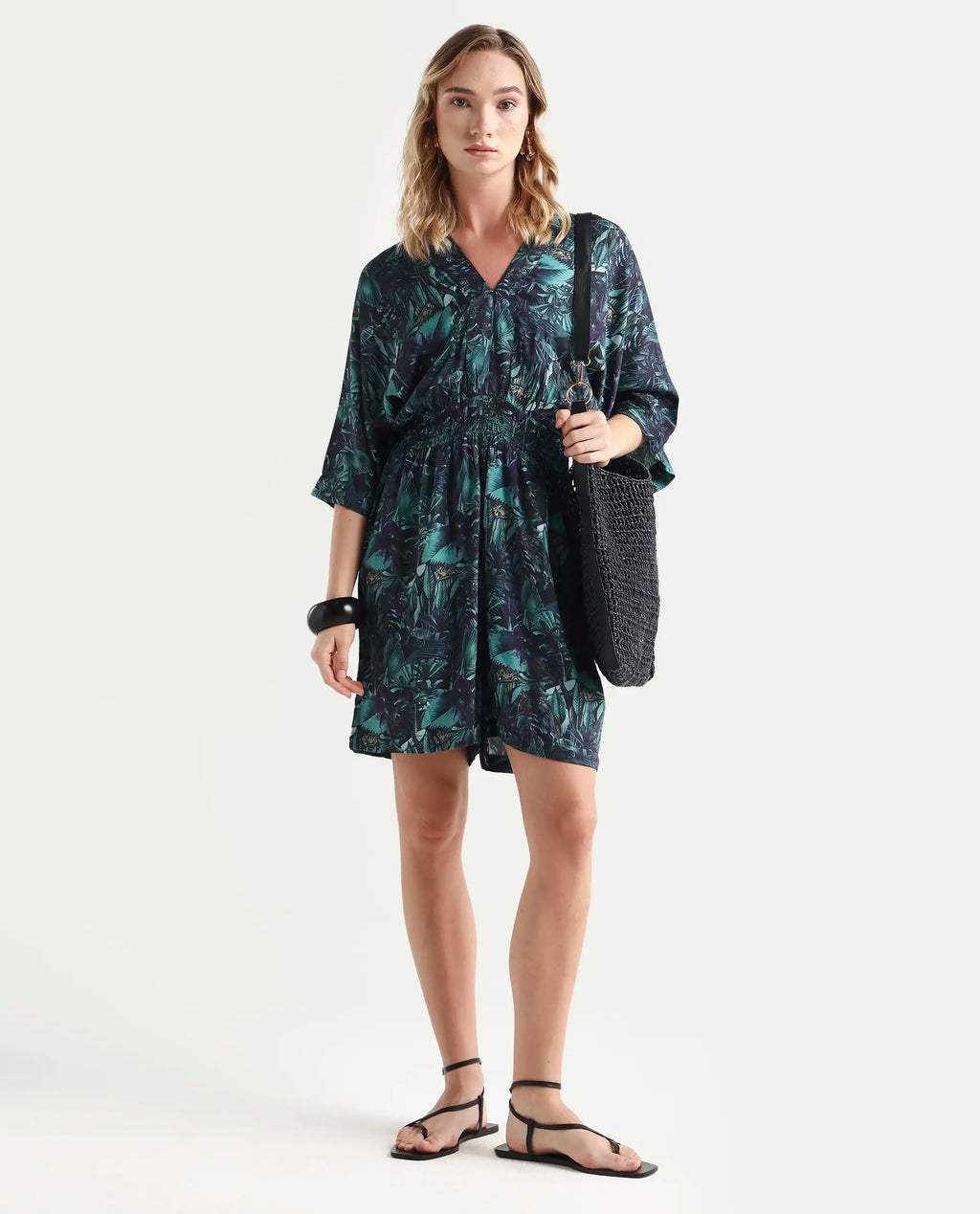 Rareism Women's Cimbo Dark Multi Cotton Blend V-Neck Tropical Print Extended Sleeves Mini Relaxed Fit Playsuit