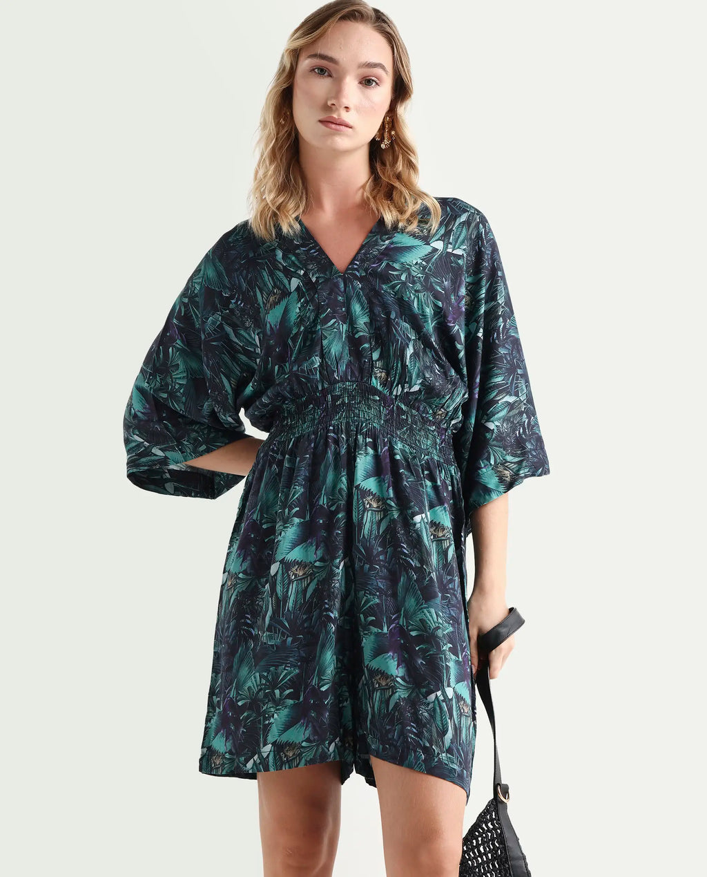 Rareism Women's Cimbo Dark Multi Cotton Blend V-Neck Tropical Print Extended Sleeves Mini Relaxed Fit Playsuit