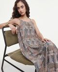 Rareism Women's Marvia Dark Multi Polyester Shoulder Strap Botanical Print Sleeveless Maxi Flared Dress