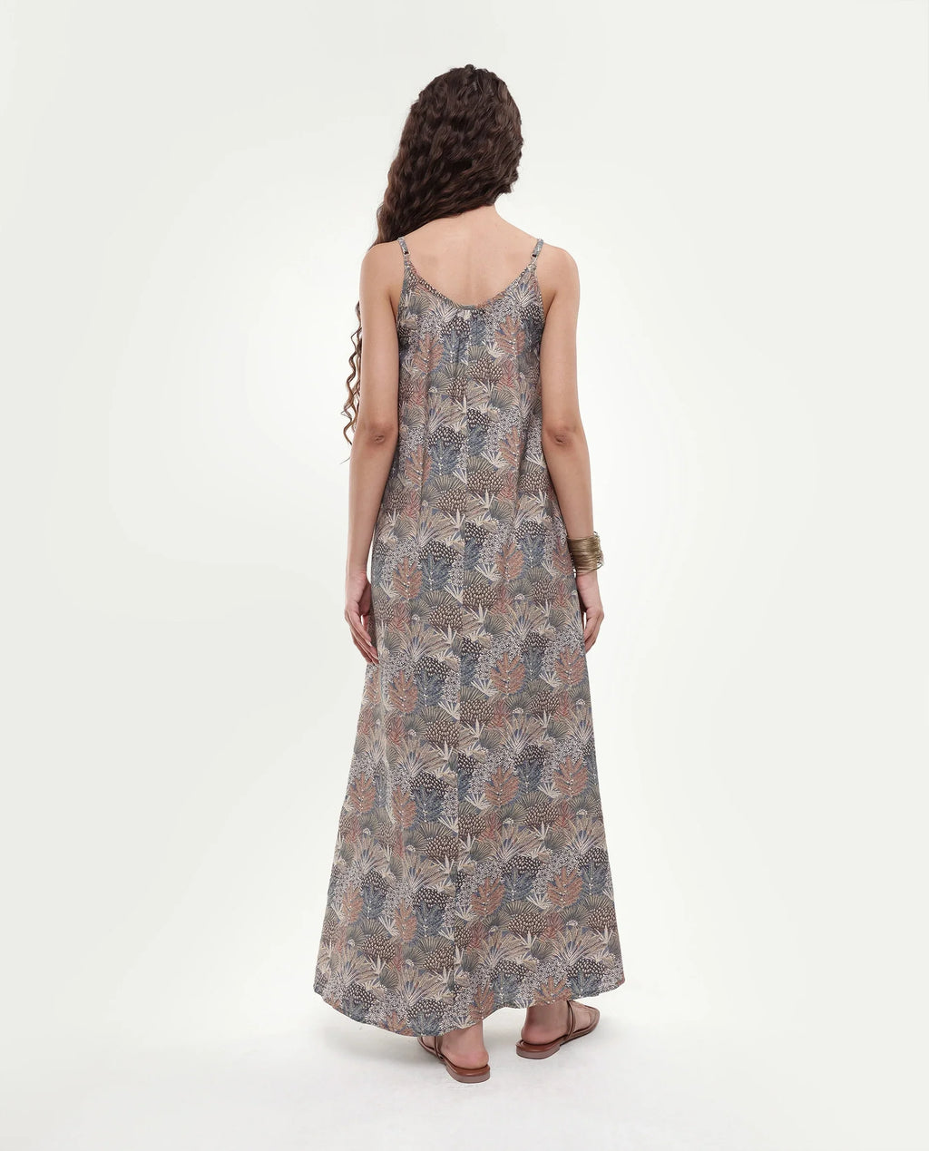 Rareism Women's Marvia Dark Multi Polyester Shoulder Strap Botanical Print Sleeveless Maxi Flared Dress