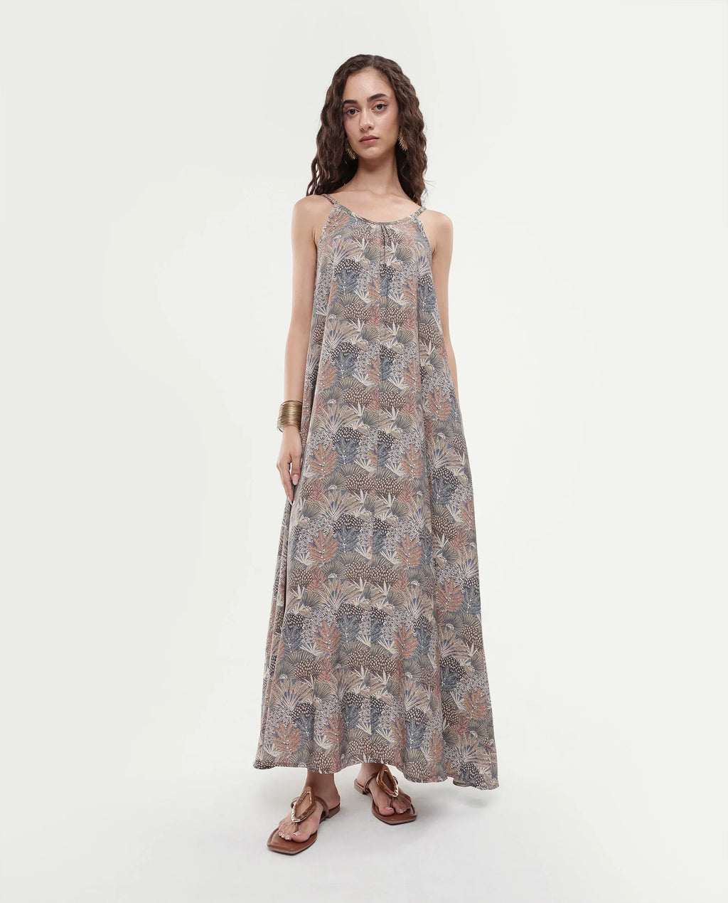 Rareism Women's Marvia Dark Multi Polyester Shoulder Strap Botanical Print Sleeveless Maxi Flared Dress