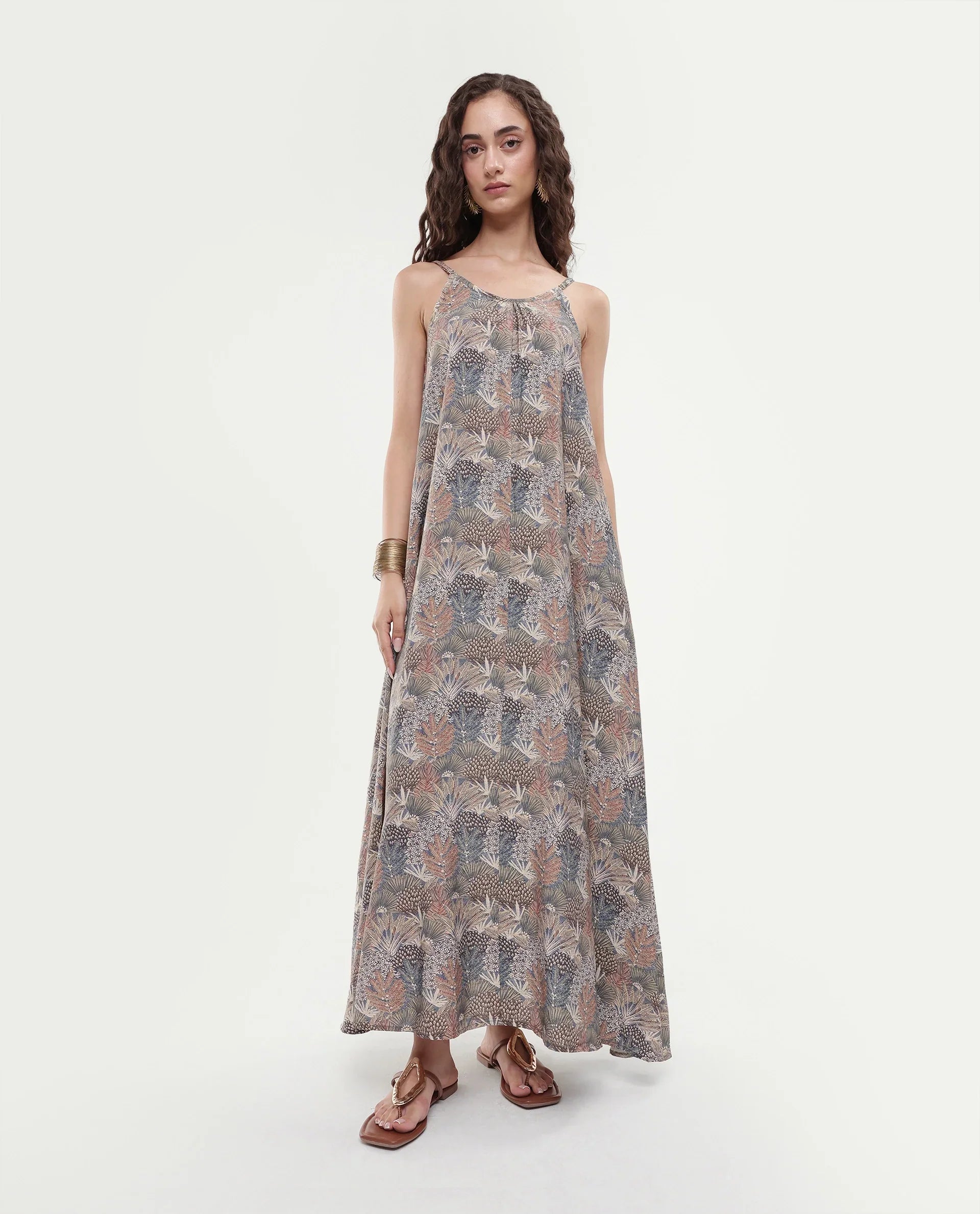 Rareism Women's Marvia Dark Multi Polyester Shoulder Strap Botanical Print Sleeveless Maxi Flared Dress