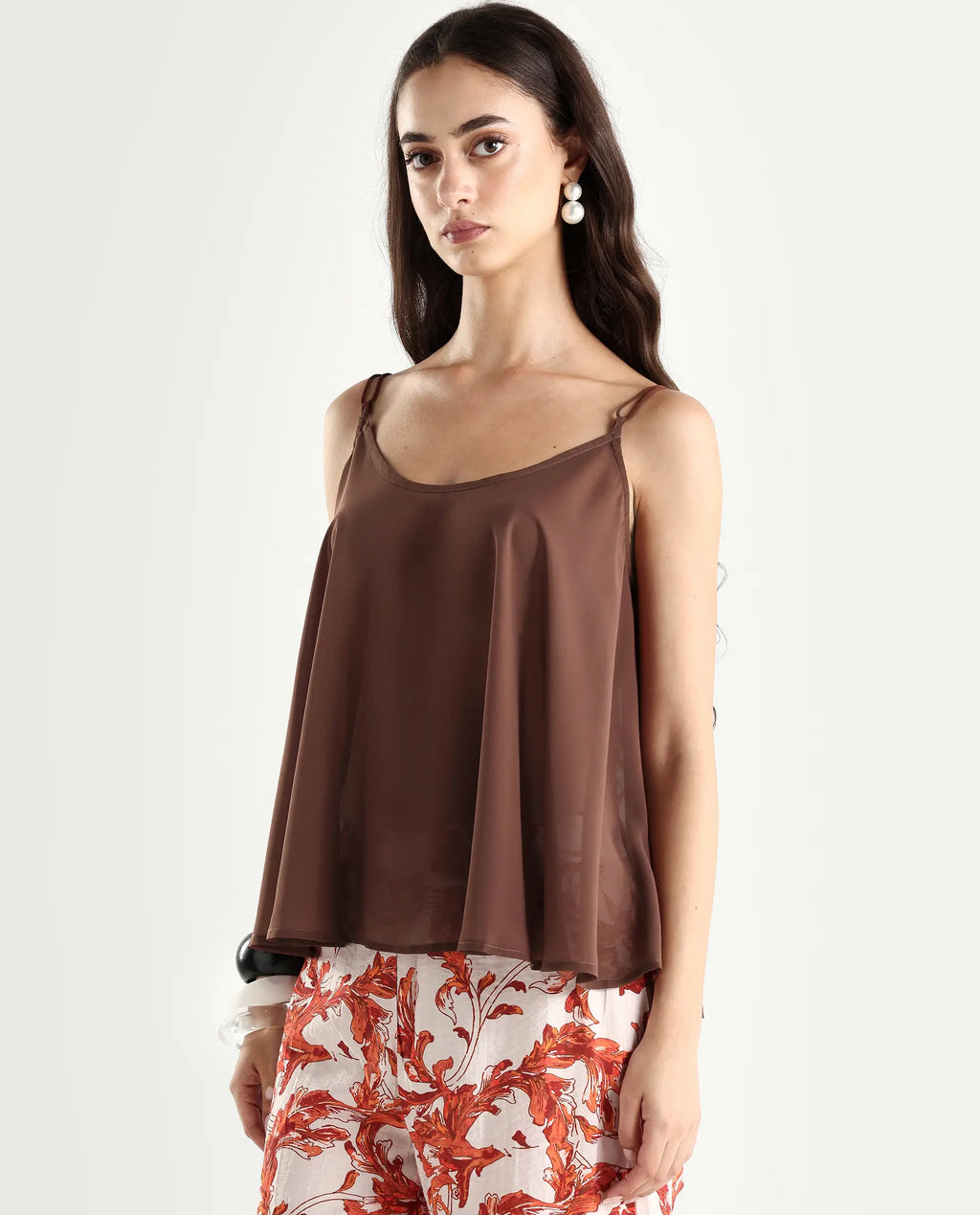 Rareism Women's Kuso Rust Polyester Shoulder Strap Plain Sleeveless Relaxed Fit Top