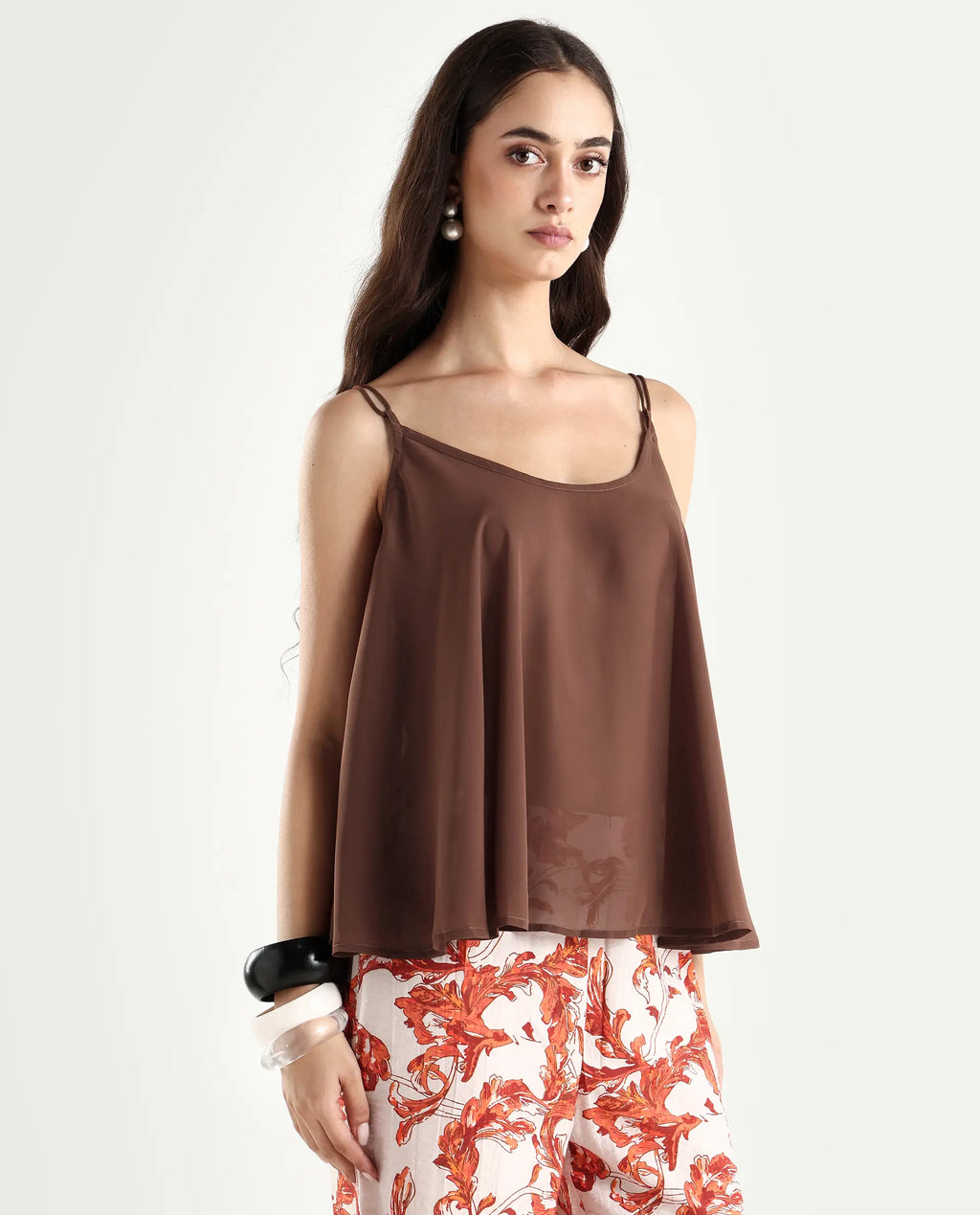 Rareism Women's Kuso Rust Polyester Shoulder Strap Plain Sleeveless Relaxed Fit Top