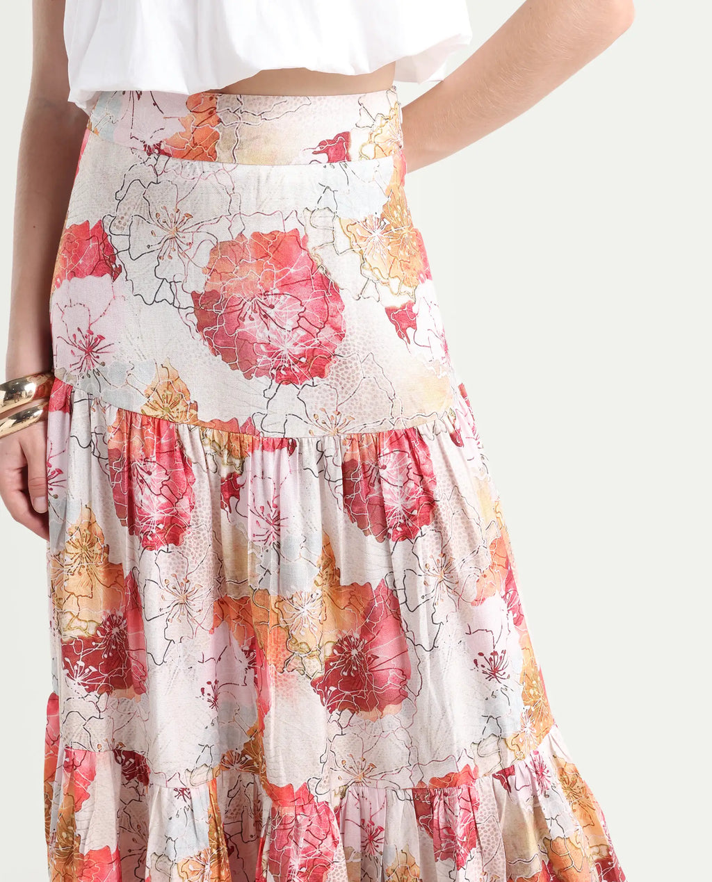 Rareism Women's Solan Multi Viscose Blend Floral Print Maxi Flared Skirt