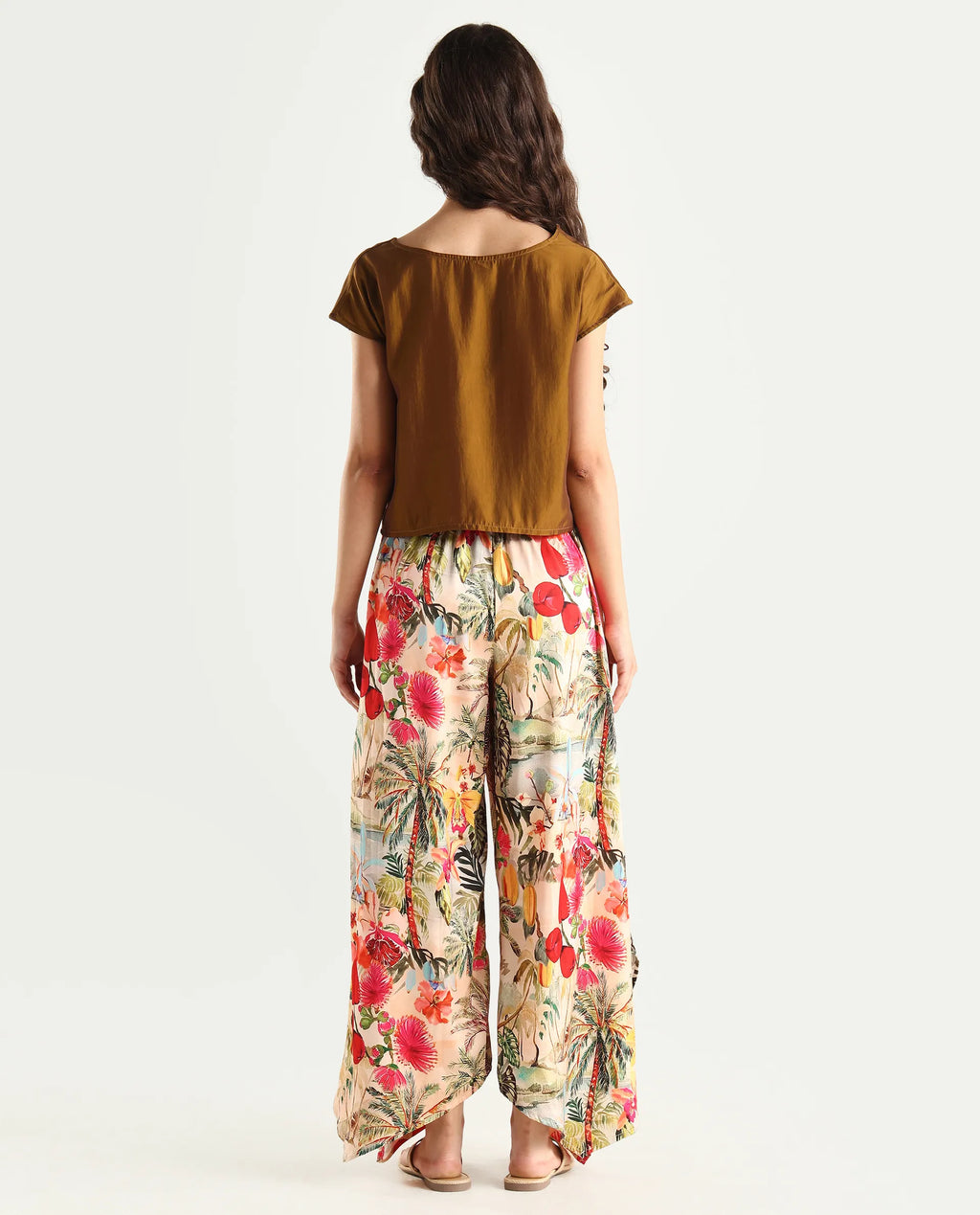 Rareism Women's Janary Multi Cotton Blend Tropical Print Ankle Length Flared Trouser