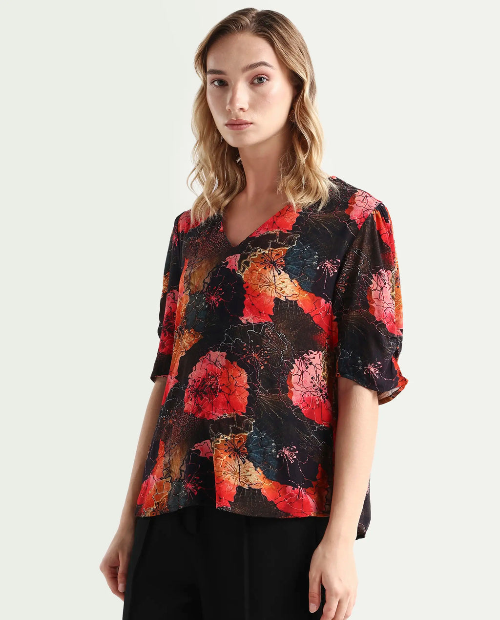 Rareism Women's Labia Multi Cotton Blend V-Neck Floral Print Bell Sleeve Crop Regular Fit Top