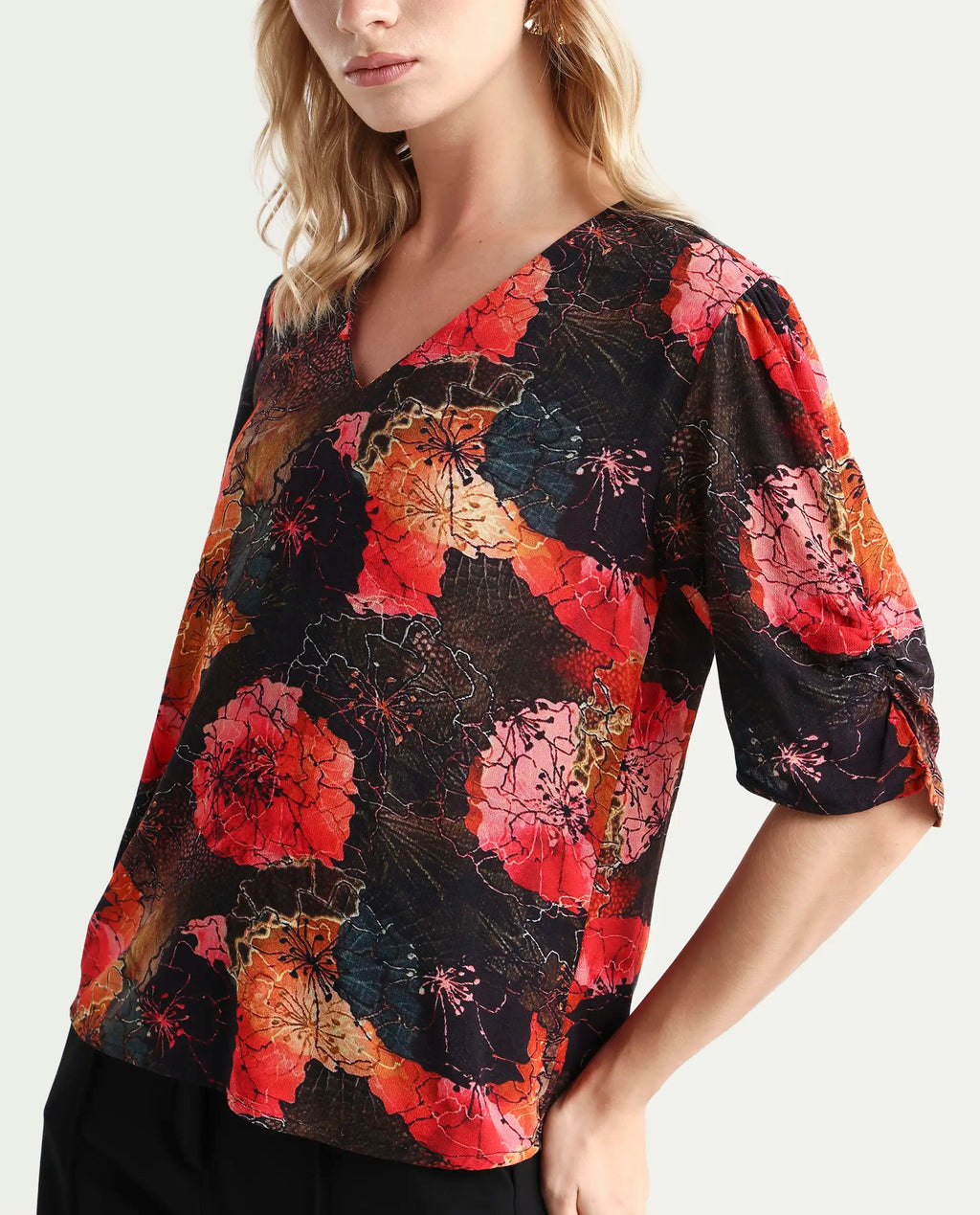 Rareism Women's Labia Multi Cotton Blend V-Neck Floral Print Bell Sleeve Crop Regular Fit Top