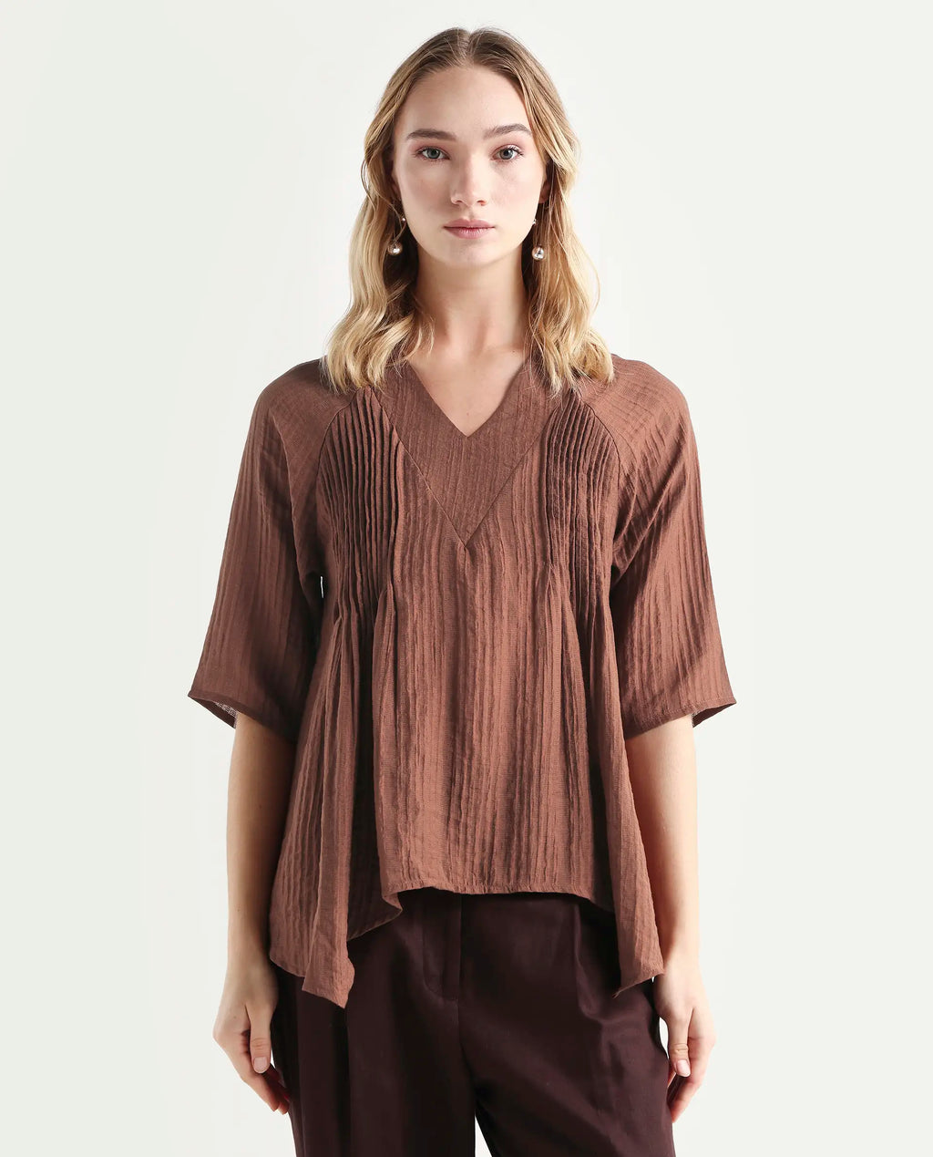 Rareism Women's Maruka Rust Polyester Blend V-Neck Plain Raglan Sleeve Regular Fit Top